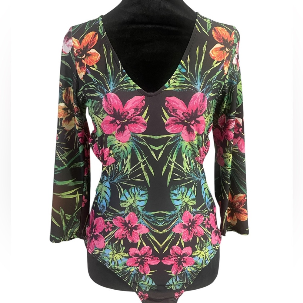 Tropical dreams Floral Peep hole cut out Bodysuit, V-Neck,Black,Pink,Med,NWT - Picture 6 of 6